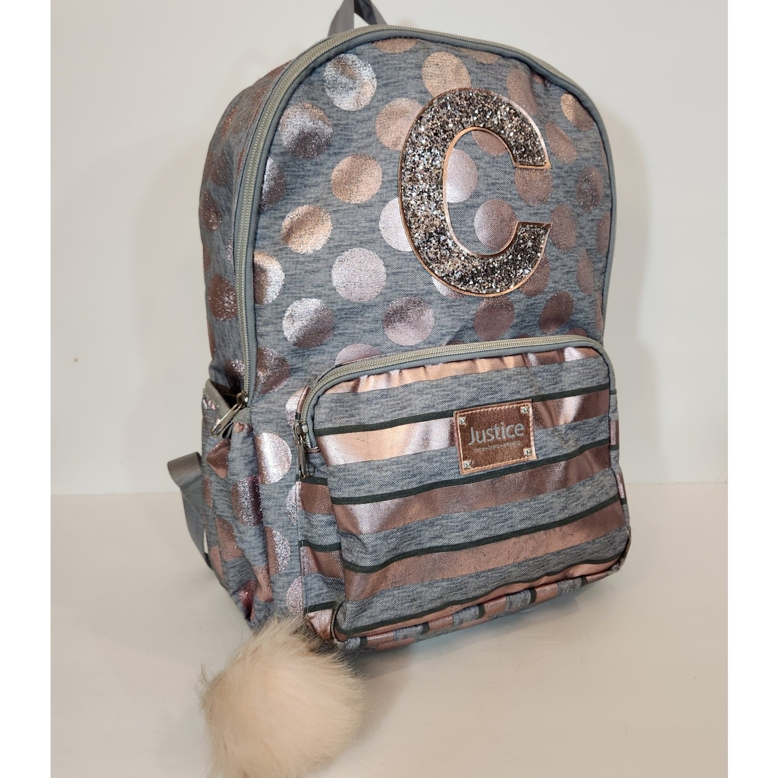 Justice Initial C Backpack Kids Os Grey Rose Gold Polka Dot Stripe School Bag